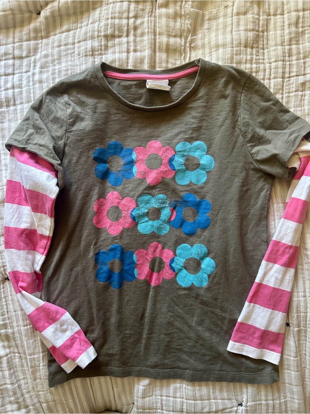 Mini Boden Olive Layered-Look Long Sleeve Top with Pink & Blue Floral Graphic